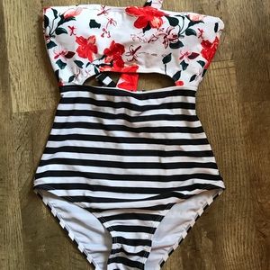 Floral and stripe swim suit